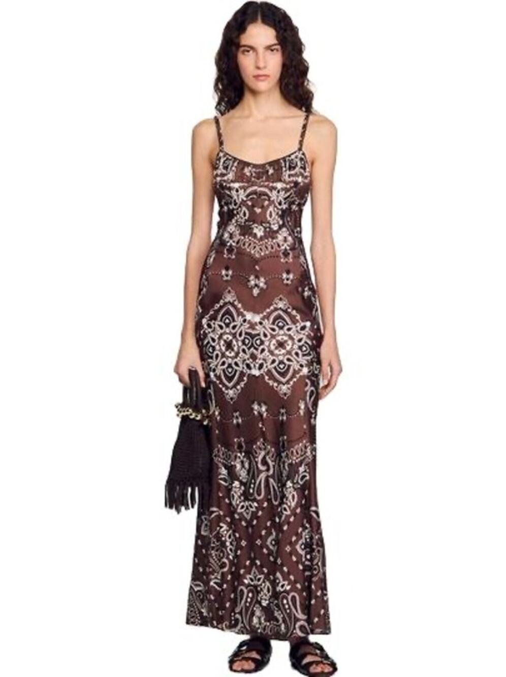 Sandro Bandana-Print Maxi Dress gown wedding guest brown black size eu 40 us 8